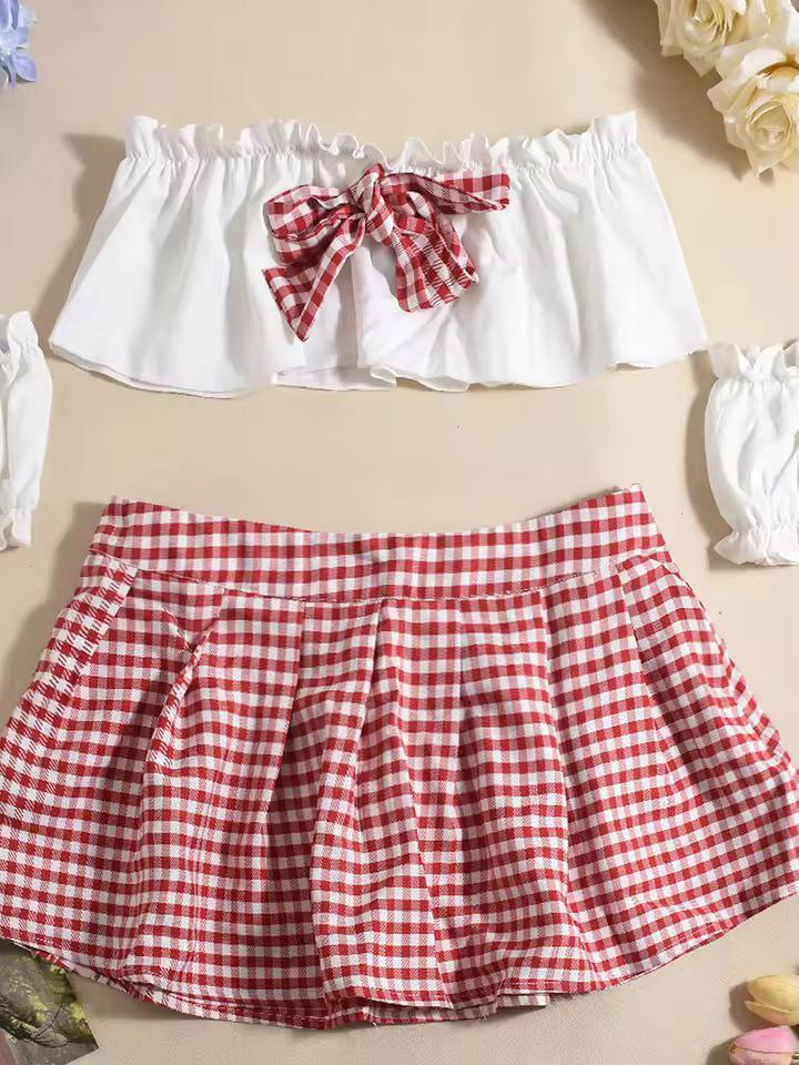 Sexy School Girl Costume Set Bow Strapless Bra Plaid Mini Skirt Arm Sleeves Babydoll Sleepwear Outfit for Women