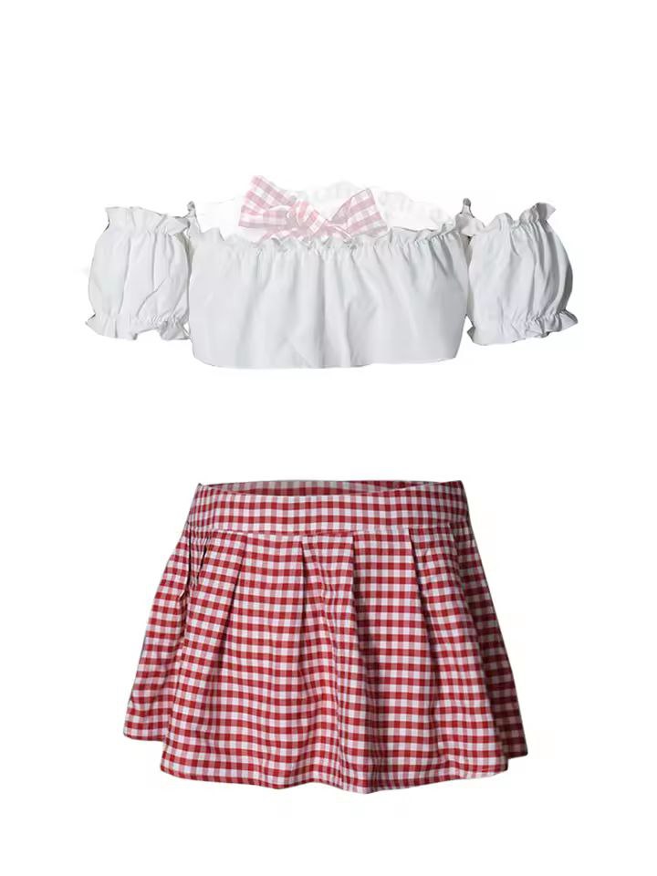 Sexy School Girl Costume Set Bow Strapless Bra Plaid Mini Skirt Arm Sleeves Babydoll Sleepwear Outfit for Women