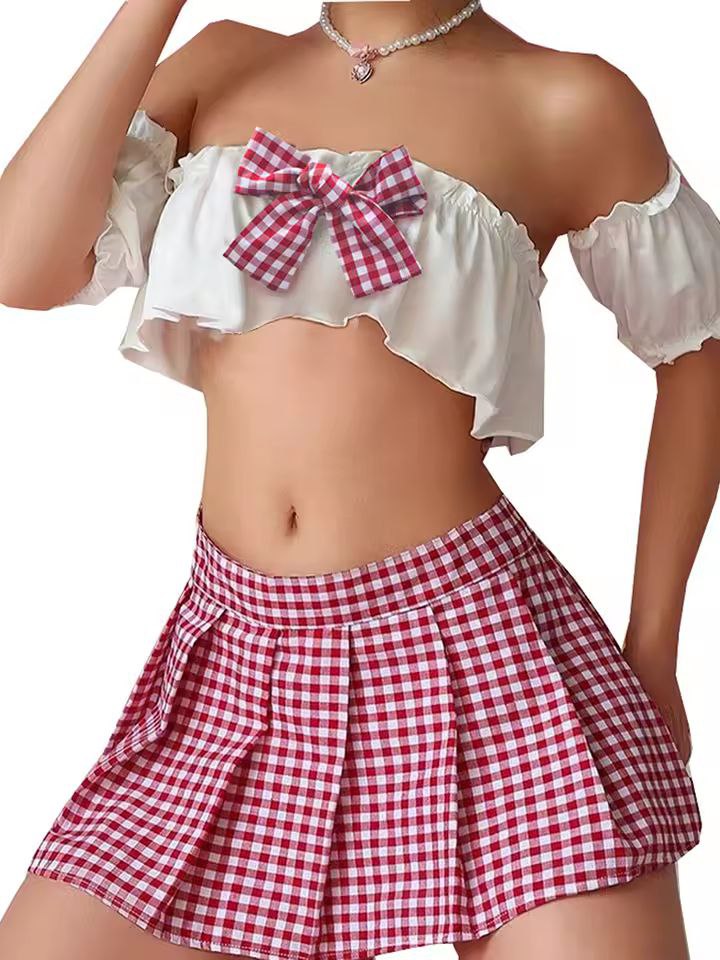Sexy School Girl Costume Set Bow Strapless Bra Plaid Mini Skirt Arm Sleeves Babydoll Sleepwear Outfit for Women