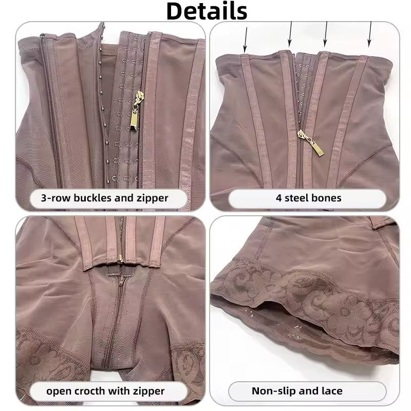 Body Shaper Short Shapewear Women Waist Trainer Tummy Control Panties, 4-Boned, 3-Row Buckles, Zipper, Open Crotch with Zipper