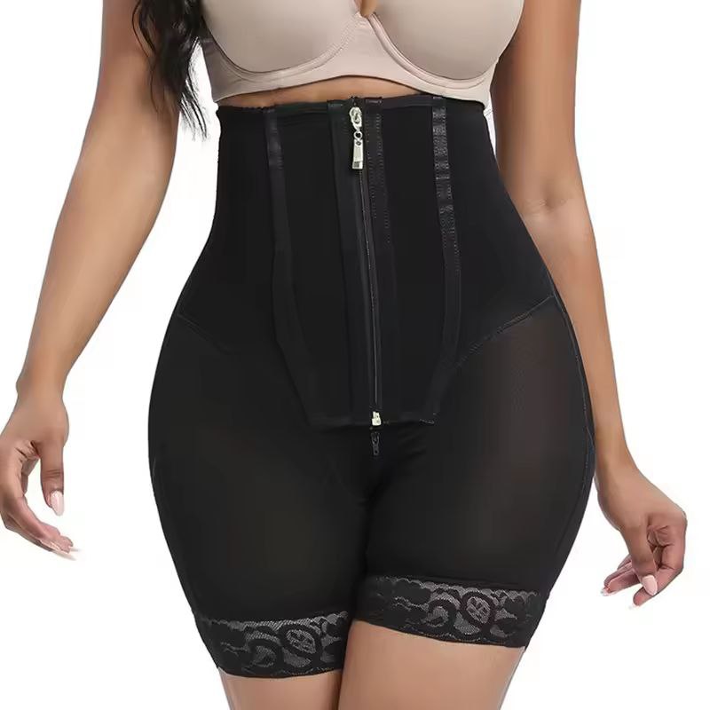 Body Shaper Short Shapewear Women Waist Trainer Tummy Control Panties, 4-Boned, 3-Row Buckles, Zipper, Open Crotch with Zipper