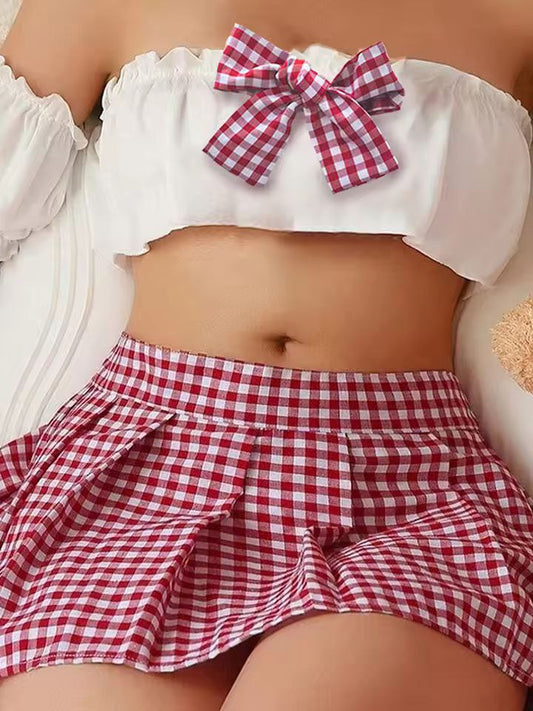 Sexy School Girl Costume Set Bow Strapless Bra Plaid Mini Skirt Arm Sleeves Babydoll Sleepwear Outfit for Women