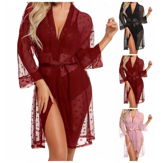 Women Sexy Lingerie Set 3 Piece Lace Kimono Robe With Bra And Panty Sheer Sleepwear Sexy Lingerie For Fine Women